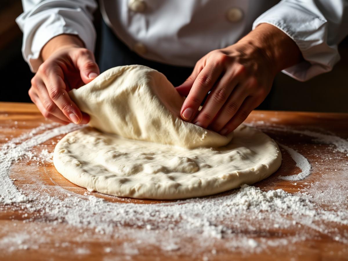 Hand-stretching fresh pizza dough on a floured surface